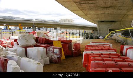 Provisional concrete or plastic barrier in the deconstruction works of the ring road in the Plaza de Les Glories in Barcelona, Catalonia, Spain, Europ Stock Photo