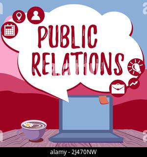 Handwriting text Public Relations. Word Written on practice managing spread of information between individual Hand Typing On Laptop Beside Coffe Mug Stock Photo