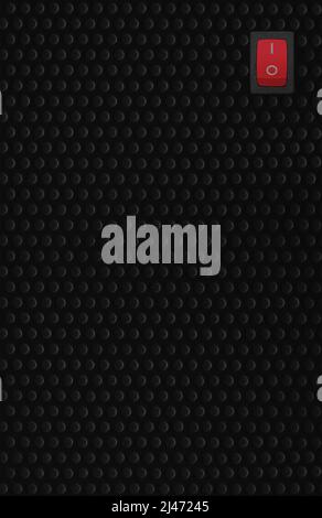 Red rectangle rocker power switch in on position, black abstract dot texture frame pattern, natural blank empty copy space background, mains supply Stock Photo