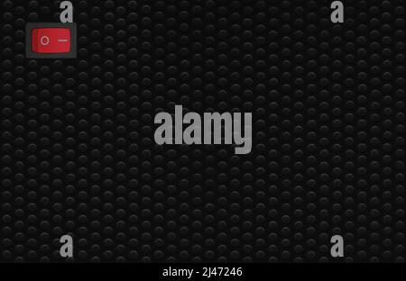 Red rectangle rocker power switch in on position, black abstract dot texture frame pattern, natural blank empty copy space background, mains supply Stock Photo