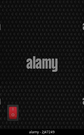 Red rectangle rocker power switch in on position, black abstract dot texture frame pattern, natural blank empty copy space background, mains supply Stock Photo