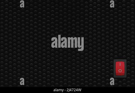 Red rectangle rocker power switch in on position, black abstract dot texture frame pattern, natural blank empty copy space background, mains supply Stock Photo