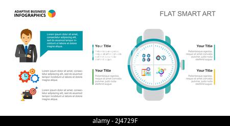 Four options watch process chart slide template. Business data. Clock, deadline, design. Creative concept for infographic, project. Can be used for to Stock Vector