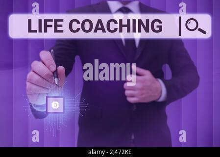 Text caption presenting Life Coaching. Conceptual photo Improve Lives by Challenges Encourages us in our Careers Man holding Screen Of Mobile Phone Stock Photo