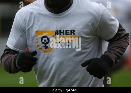 Burton Upon Trent, UK. 12th Apr, 2022. Burton Albion players wear a Her Game Too in support in Burton upon Trent, United Kingdom on 4/12/2022. (Photo by Gareth Evans/News Images/Sipa USA) Credit: Sipa USA/Alamy Live News Stock Photo