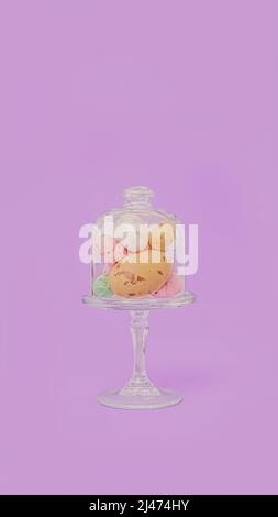 Sweet dessert easter eggs. Creative concept of colorful eggs painted in pastel colors. Eggs of different sizes are decorated with sequins and golden t Stock Photo