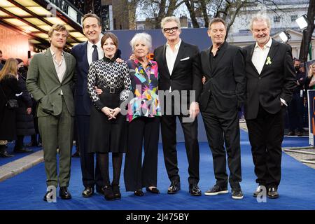 (L to R) Johnny Flynn, Matthew Macfadyen, Kelly Macdonald, Dame Penelope Wilton, Colin Firth, Jason Isaacs and John Madden arriving for the UK premiere of Operation Mincemeat at the Curzon Mayfair cinema in central London. Picture date: Tuesday April 12, 2022. Stock Photo