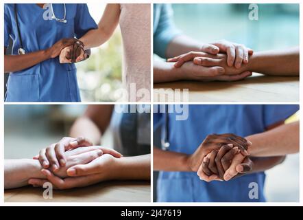 Help is at hand. Composite image of a compassionate doctor holding a patients hand. Stock Photo