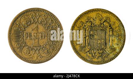 Spanish coins - 1 peseta, Francisco Franco. Minted in copper from the year 1944 Stock Photo