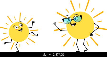 Cute sun character with glasses and grandson dancing character with happy emotion, joyful face, smile eyes, arms and legs. Person with funny expression and pose. Vector flat illustration Stock Vector