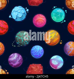 Cartoon space planets and stars seamless pattern vector background. Fantasy galaxy world of aliens and fantastic universe with asteroids on orbit, space planets of ice rocks with craters Stock Vector