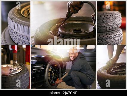 He knows his tires. Composite image of a mechanic working in a garage and closeups of tires. Stock Photo
