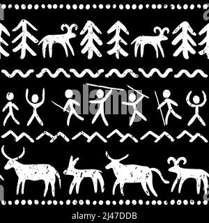 Prehistoric cave paintings art vector seamless pattern in white on black background, primitive design inspired by stone drawings with people and anima Stock Vector