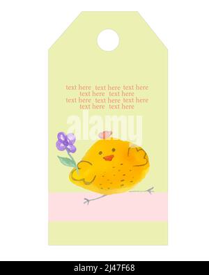 Cute yellow chick with a flower. Easter holiday. Tag or banner, postcard design. Flat illustration. Vector. Stock Vector