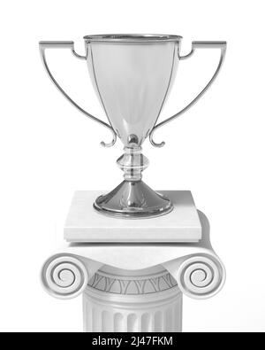 Silver trophy cup on an antique column in greek style isolated on white background. 3D illustration Stock Photo