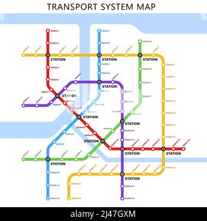 Metro, underground or subway transport system map. Urban city railway station lines scheme. Metropolis passenger transportation infrastructure poster or plan template with subway colorful lines Stock Vector