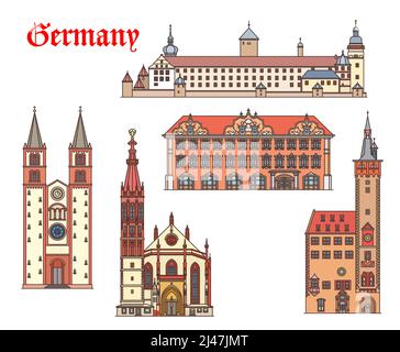 Germany architecture buildings, Wurzburg travel landmarks, vector churches and cathedrals. St Kilians Dom, altes rathaus, Marienkapelle or Saint Mary chapel, Marienberg Fortress and Falkenhaus Stock Vector