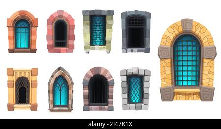 Cartoon arabic and medieval windows of castle or prison architecture. Vector interior or exterior temple, fortress or palace interior elements. Arched and rectangular portals with grate and ornament Stock Vector