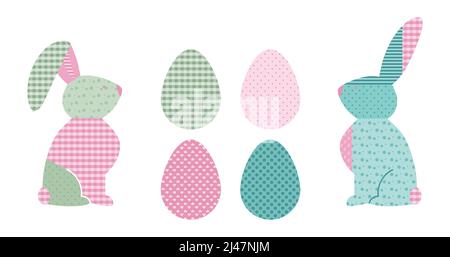 Happy Easter SET with spring vector illustration bunny or rabbit and eggs in pastel tartan pattern flat design, POP ART style. Stock Vector