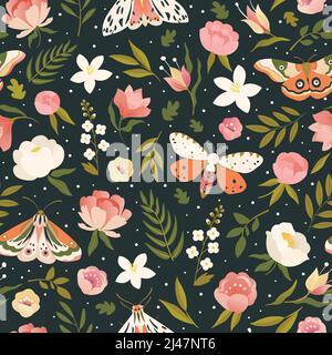 Colorful seamless pattern with iButterfly and flowers. Stock Vector