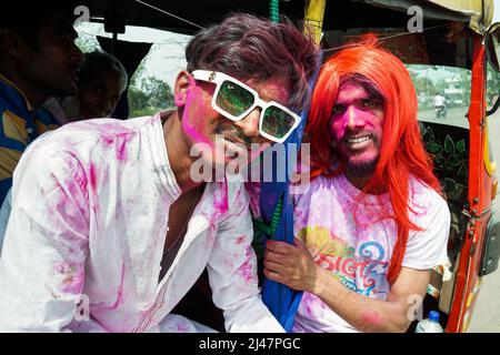 Young spray-painted men during the Holi festival in Birgunj, Nepal Stock Photo