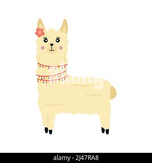 Cute llama alpaca with beads vector graphic design. Llama character illustration for nursery design, poster, greeting card or logo. Stock Vector