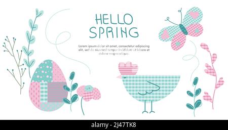 Happy Easter banner with chicken or roost, butterfly and floral in pastel colors and tartan pattern. The vector illustration with lettering HELLO Stock Vector