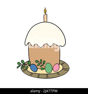 Easter cake isolated on white background. Hand drawn Happy Easter symbol. Paschal cake with candle on plate. Holiday sweet food. Doodle style. Vector Stock Vector