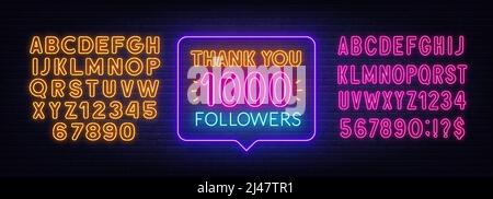 Thank You Followers neon sign in the speech bubble on brick wall background . Pink and yellow neon alphabets. Stock Vector