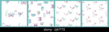 Set of spring time seamless patterns with butterfly, chicken, rooster, bird, dove, flowers. The vector illustration in flat design, pastel POP ART Stock Vector