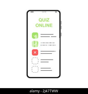 Phone with online quiz form checklist on screen. Choice and survey. Illustration of checklist online in website, choice and quiz exam list Stock Vector