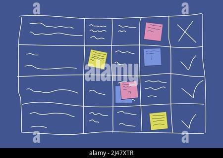 Planning board concept with sticking colorful papers and writing tasks on blue board isolated on white background - agile methodology to manage Stock Vector