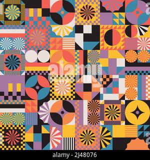 Modern mosaic pattern art made with abstract geometric shapes and various color forms. Digital graphics design elements for poster, cover, art, presen Stock Vector