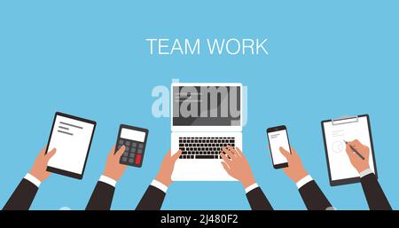 Business teamwork concept, hands holding computer, calculator, smartphone, pad Stock Vector
