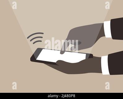 Businessman holding the smart phone and touching it, vector illustration Stock Vector