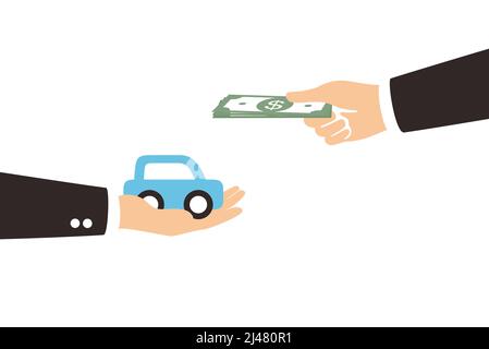 Exchanging concept, hands with car and dollars. Stock Vector