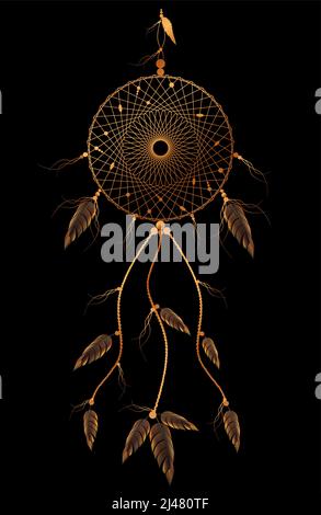 dreamcatcher with mandala ornament and bird feathers. Gold Mystic symbol, Ethnic art with native American Indian boho design, vector isolated Stock Vector
