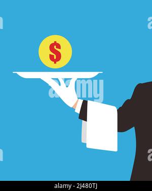 man holding a plate, coin on the plate, vector illustration Stock Vector