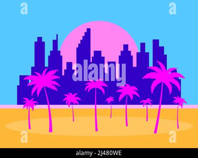Palm trees in the background of the city with skyscrapers. Summer urban landscape with palm trees in the style of the 80s. Design for posters, banners Stock Vector