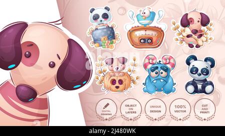 Set sticker - dog, puppy, panda, diplomat, pumpkin, monster Stock Vector