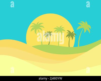 Palm trees on the background of the desert. Summer time. Tropical landscape in flat style. Wavy desert landscape. Design for banners, posters and prom Stock Vector