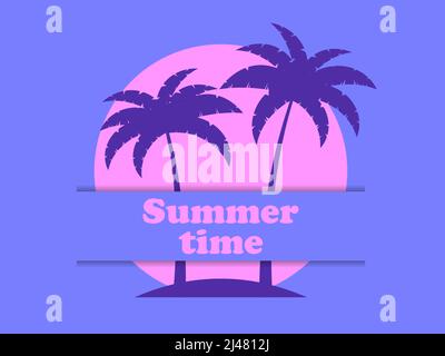 Two palm trees against a pink sun in the style of the 80s. Synthwave and 80s style retrowave. Design for advertising brochures, banners, posters, trav Stock Vector