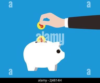 Businessman putting dollar coin into a piggy bank