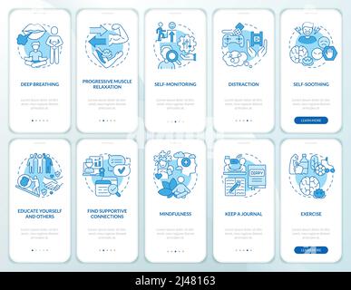 Coping with PTSD blue onboarding mobile app screen set Stock Vector