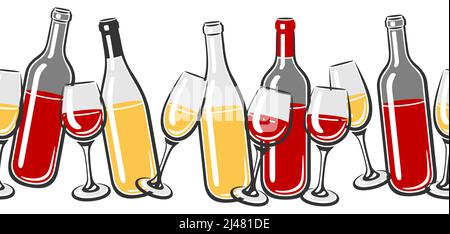 Seamless pattern with bottles and glasses of wine. Image for restaurants and bars. Stock Vector