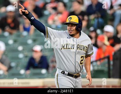 Baltimore, United States. 12th Apr, 2022. Milwaukee Brewers left fielder Christian Yelich (22) reacts after scoring against the Baltimore Orioles on a double by Brewers' Andrew McCutchen during the first inning of a game at Camden Yards in Baltimore, MD, on Tuesday, April 12, 2022. Photo by David Tulis/UPI Credit: UPI/Alamy Live News Stock Photo