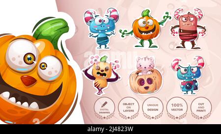 Set halloween sticker. Cartoon character. Stock Vector