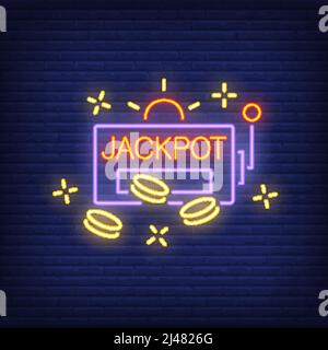 Jackpot neon sign. Slot machine shape with chips or coins on brick wall background. Night bright advertisement. Vector illustration in neon style for Stock Vector