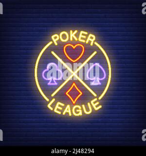 Poker league lettering with suits. Neon icon on brick background. Game, nightclub, casino. Gambling concept. For topics like entertainment, leisure, n Stock Vector