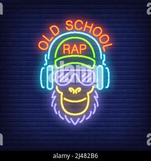 Old school rap neon text and cool monkey in glasses and headphones. Neon sign, night bright advertisement, colorful signboard, light banner. Vector il Stock Vector